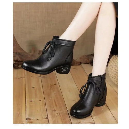 מגפוני עור רטרו לנשים - שרוכים, רוכסן צדדי, עקב בינוני